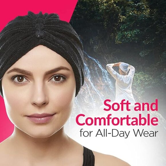 BEEMO Women’s Soft Terry Cloth Turban Head Cover with Knot or Button Front-Black - Picture 3 of 7